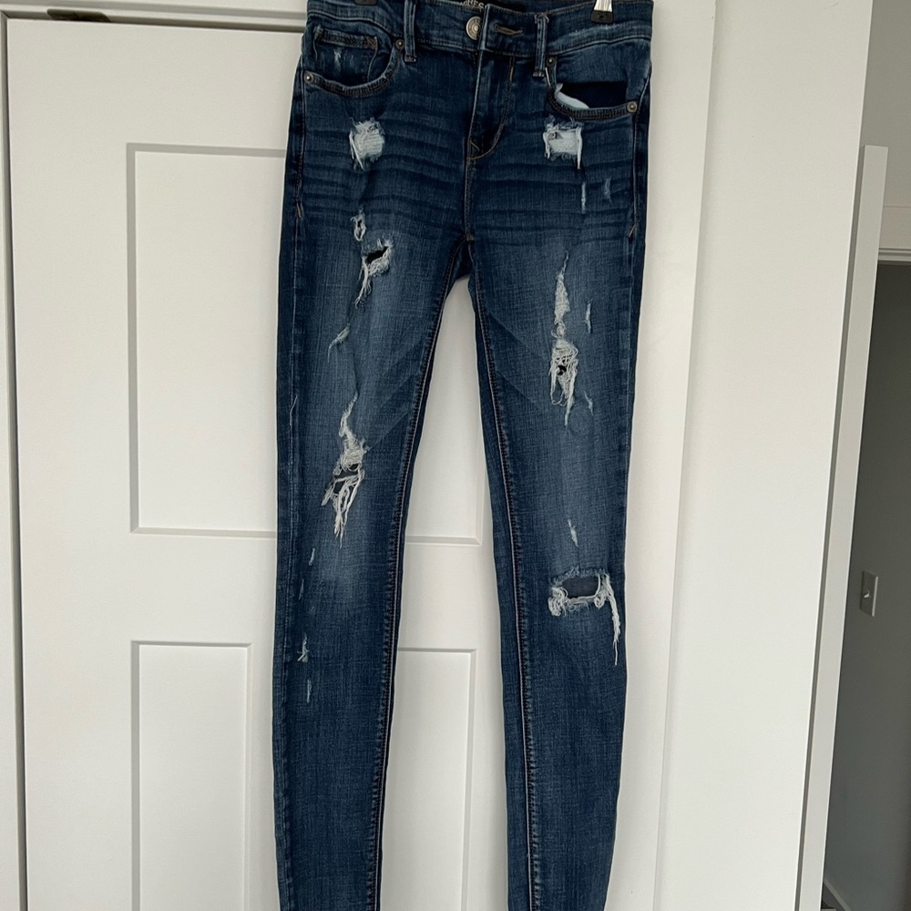 Mid Rise Dark Wash Hole Jean Leggings-Long